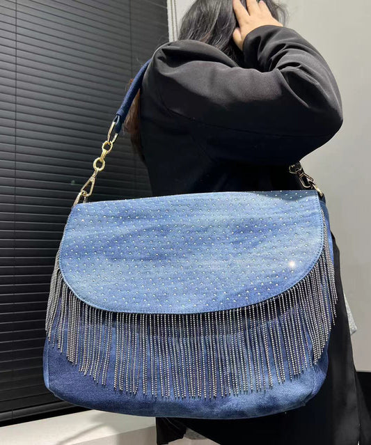 Sacs à bandoulière élégants en denim bleu avec pompons et zircons - Urbann-Vibe