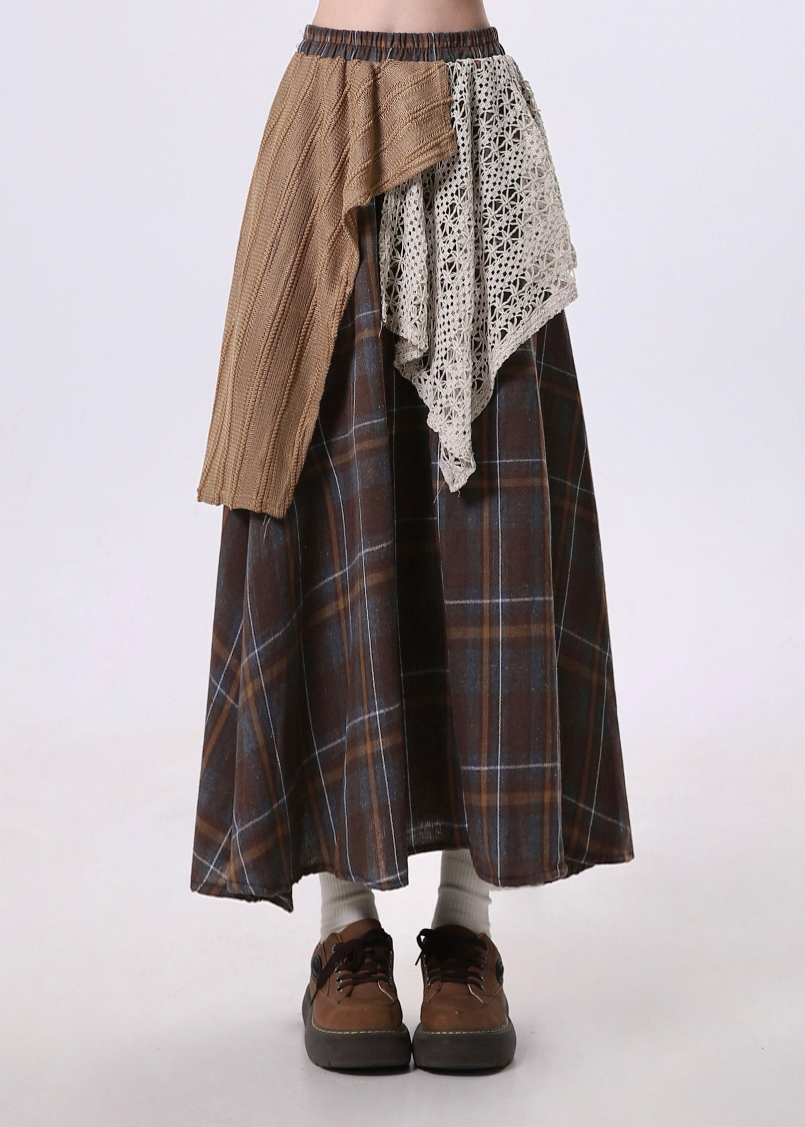 Jupe patchwork asymétrique marron élégante en coton pour le printemps - Urbann-Vibe