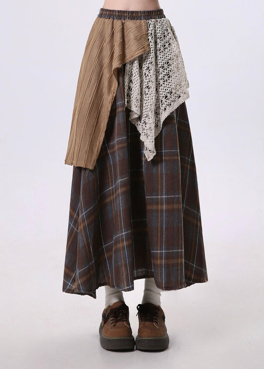 Jupe patchwork asymétrique marron élégante en coton pour le printemps - Urbann-Vibe
