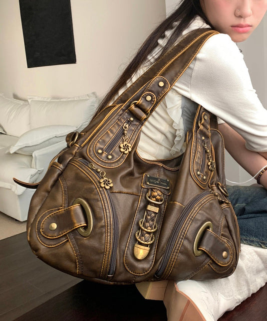 Sac à main élégant en similicuir marron avec fermeture éclair et grande capacité - Urbann-Vibe