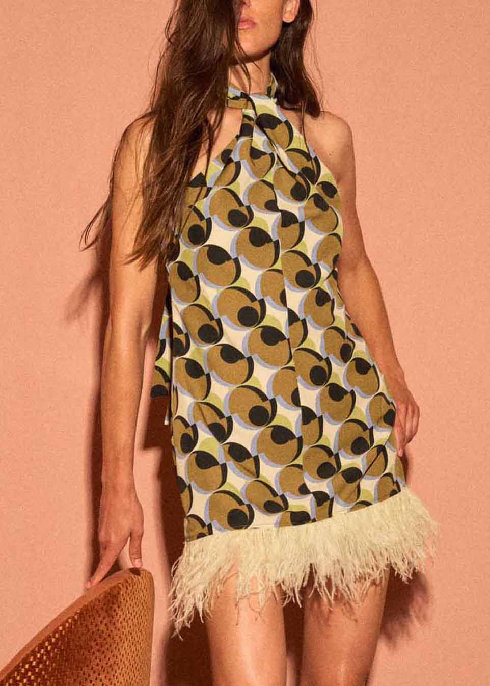 Robe mi-longue en coton à imprimé géométrique et pompons, élégante et patchwork, sans manches - Urbann-Vibe
