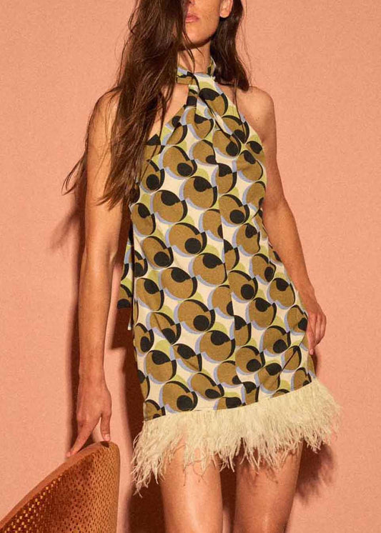 Robe mi-longue en coton à imprimé géométrique et pompons, élégante et patchwork, sans manches - Urbann-Vibe