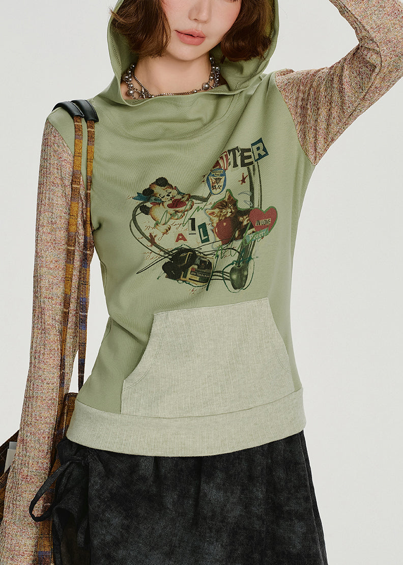 Sweat-shirt à capuche vert élégant en coton patchwork, idéal pour le printemps - Urbann-Vibe