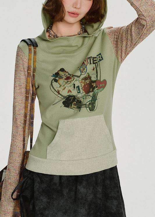 Sweat-shirt à capuche vert élégant en coton patchwork, idéal pour le printemps - Urbann-Vibe