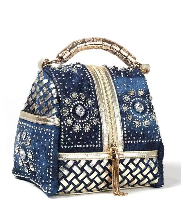 Sac fourre-tout élégant en denim bleu marine avec strass, grande capacité - Urbann-Vibe