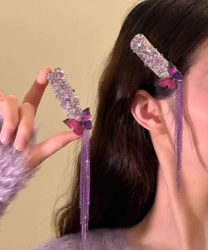 Épingle à cheveux élégante en alliage violet et zircon, ornée d'un papillon et d'un pompon. - Urbann-Vibe