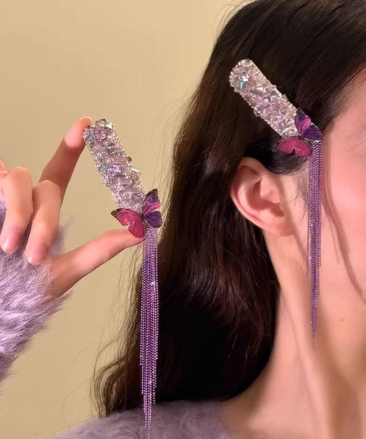 Épingle à cheveux élégante en alliage violet et zircon, ornée d'un papillon et d'un pompon. - Urbann-Vibe