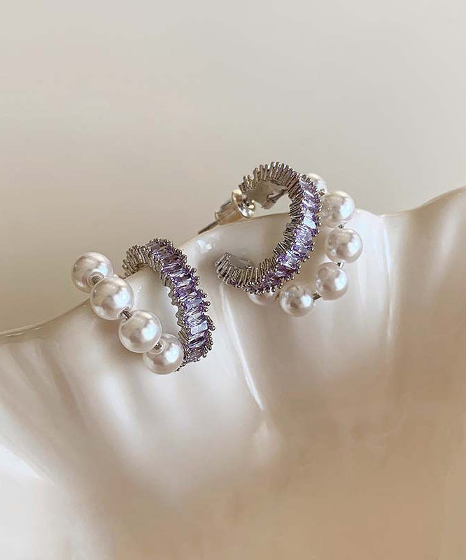 Boucles d'oreilles créoles élégantes en cuivre violet avec perles de zircon surdorées - Urbann-Vibe