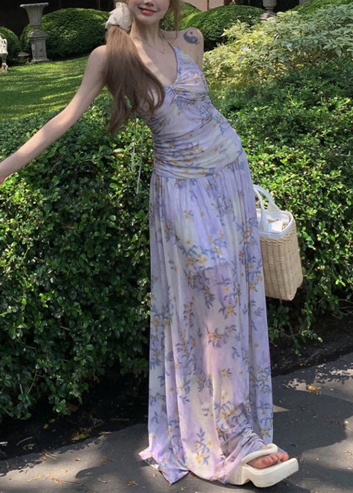 Robe longue élégante en tulle à lacets et imprimé violet sans manches - Urbann-Vibe