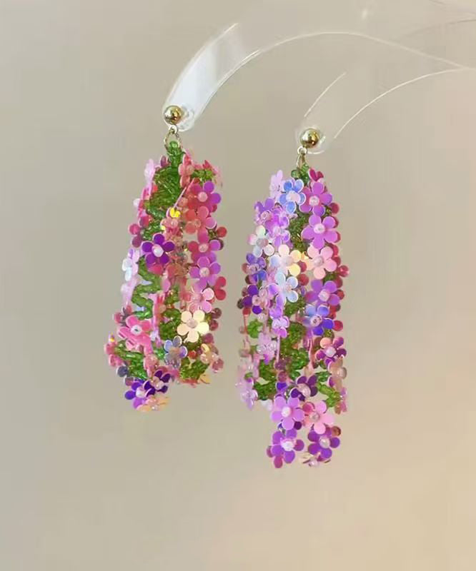 Boucles d'oreilles pendantes élégantes en acrylique arc-en-ciel à paillettes florales et pampilles - Urbann-Vibe