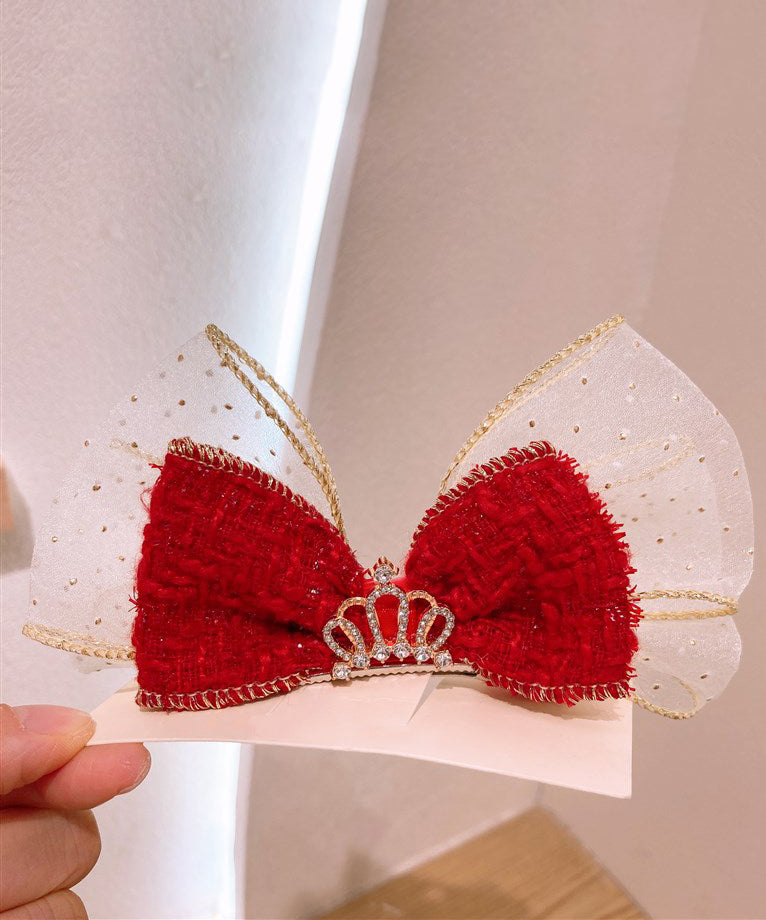 Élégante épingle à cheveux pour enfants en alliage rouge avec nœud en tulle et zircon - Urbann-Vibe