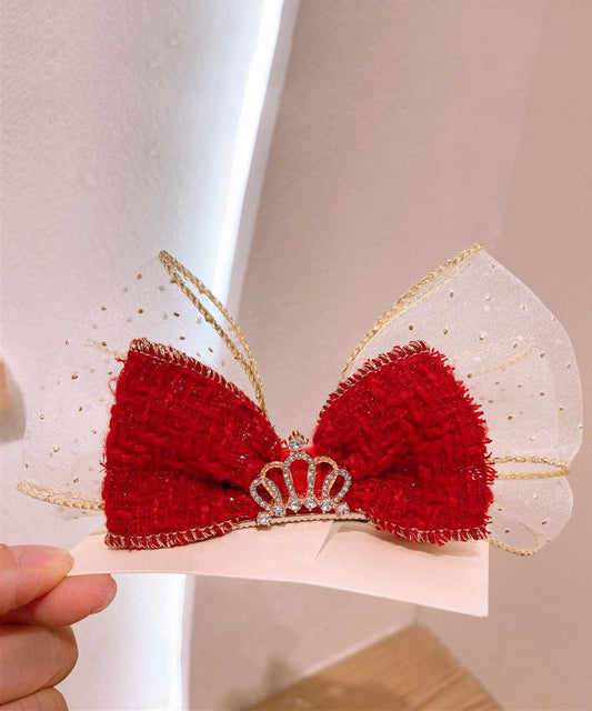 Élégante épingle à cheveux pour enfants en alliage rouge avec nœud en tulle et zircon - Urbann-Vibe