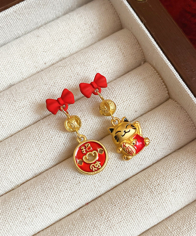 Boucles d'oreilles pendantes élégantes en alliage de cuivre rouge avec nœud en émail et chat porte-bonheur - Urbann-Vibe