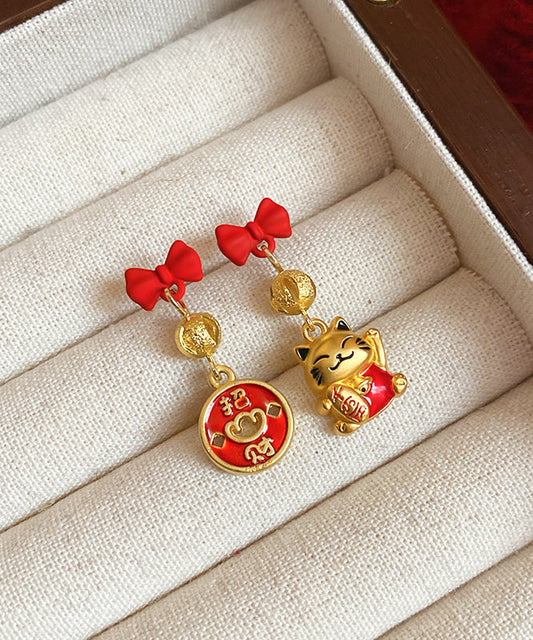 Boucles d'oreilles pendantes élégantes en alliage de cuivre rouge avec nœud en émail et chat porte-bonheur - Urbann-Vibe
