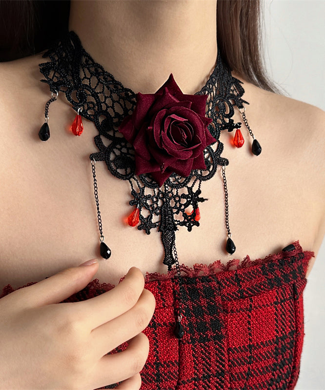 Ensemble élégant de deux pièces avec collier et bracelet en chaîne en dentelle rouge et rose, collier princesse à pompons - Urbann-Vibe