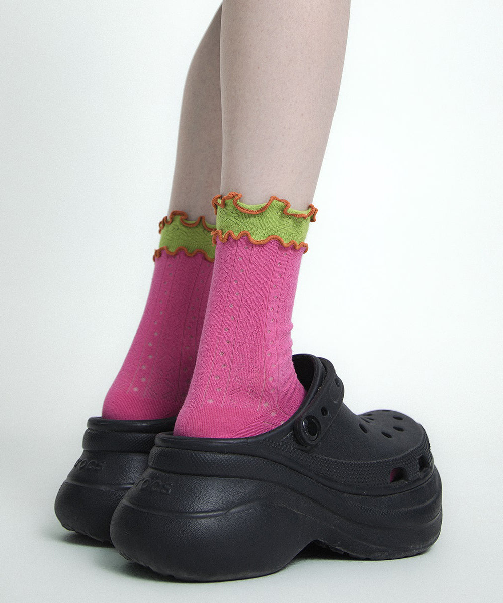 Chaussettes mi-mollet élégantes en coton ajouré à volants et patchwork - Urbann-Vibe