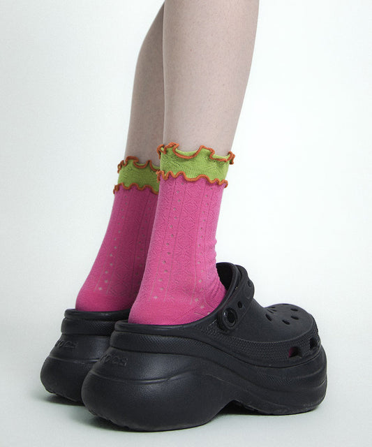 Chaussettes mi-mollet élégantes en coton ajouré à volants et patchwork - Urbann-Vibe