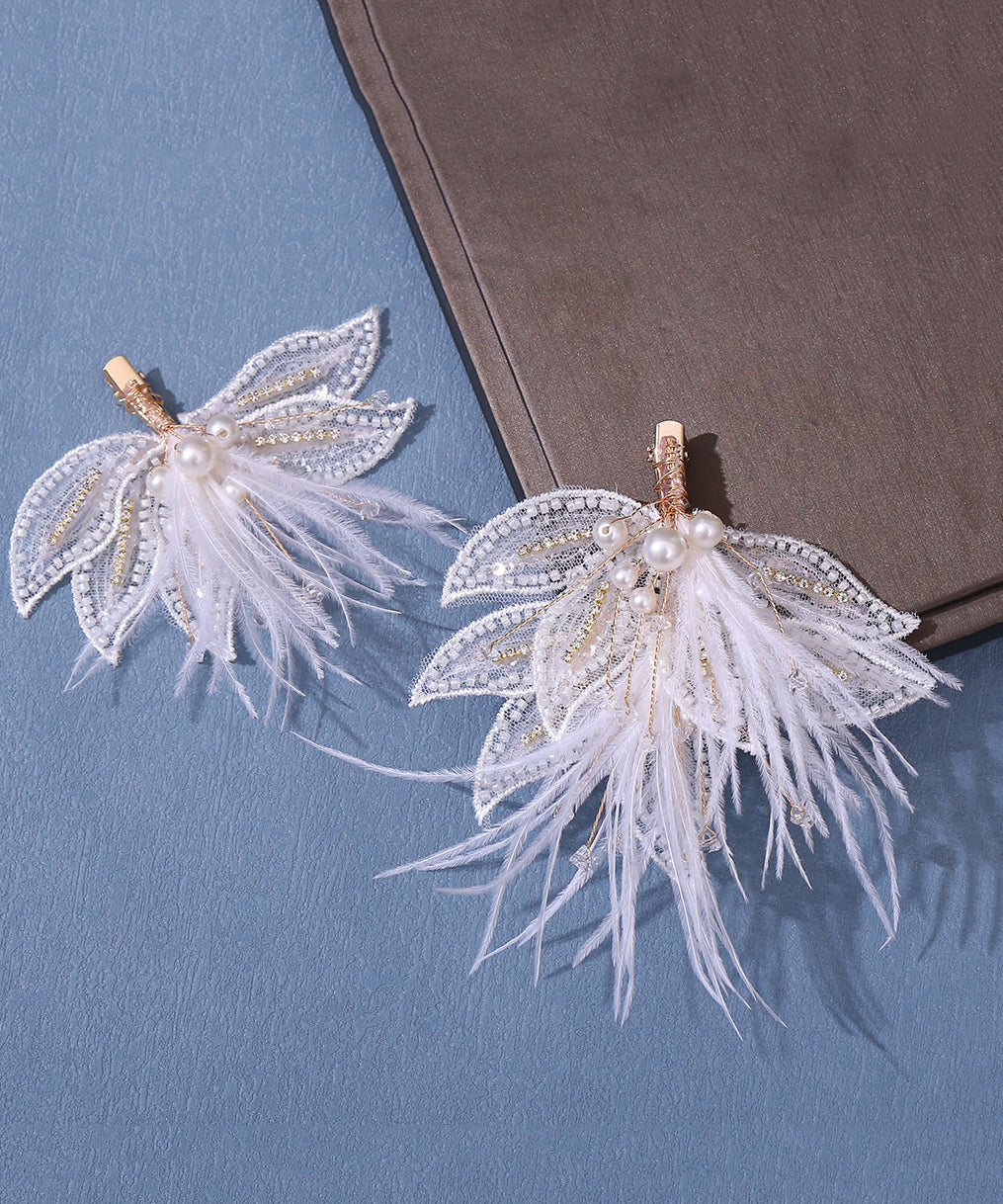 Ensemble élégant de deux épingles à cheveux pour filles, en tulle, avec plumes et perles blanches surdorées - Urbann-Vibe