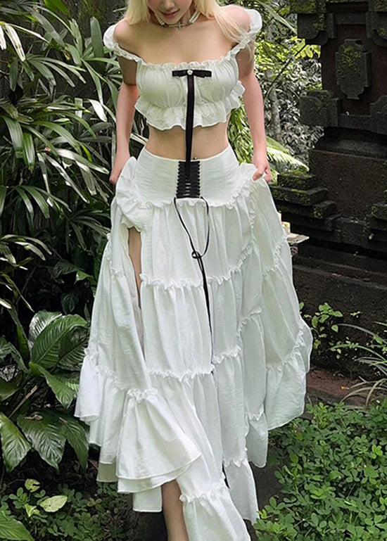 Ensemble deux pièces élégant en coton patchwork à volants blancs pour l'été - Urbann-Vibe