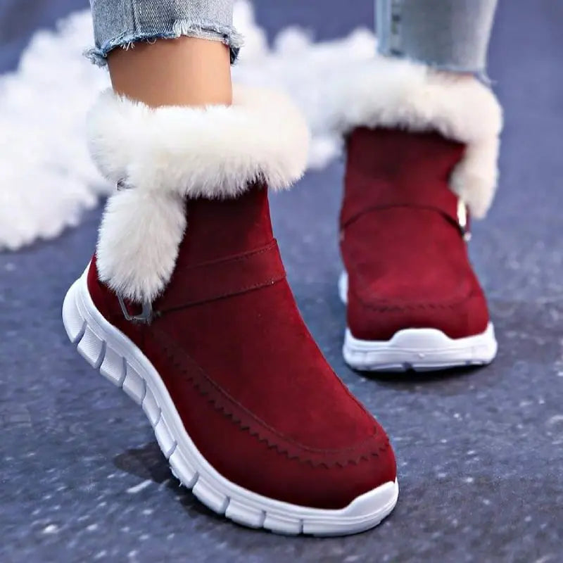 Women's flat sole winter boots in grey black pink brown, stylish warm synthetic upper for modern elegance