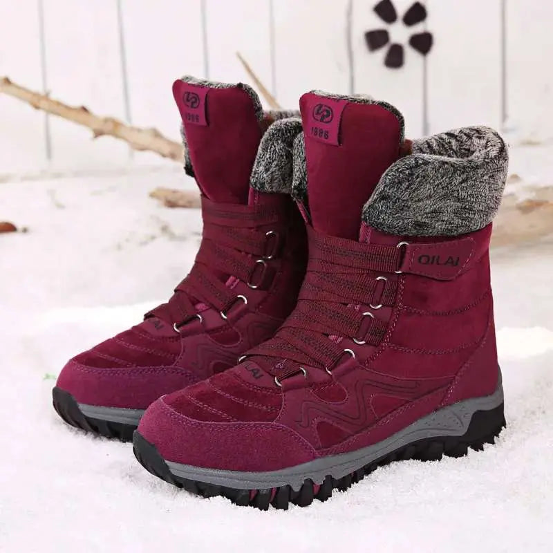 Women's insulated suede cowhide winter boots warm lace-up wedge heel cold weather