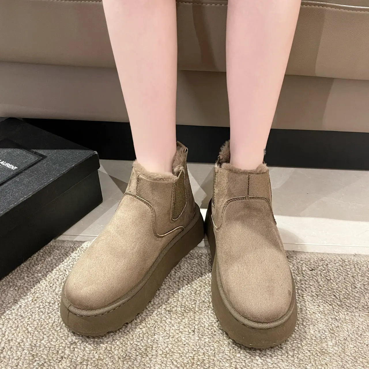 Women's warm snow boots plush lining synthetic leather cold weather style white black khaki