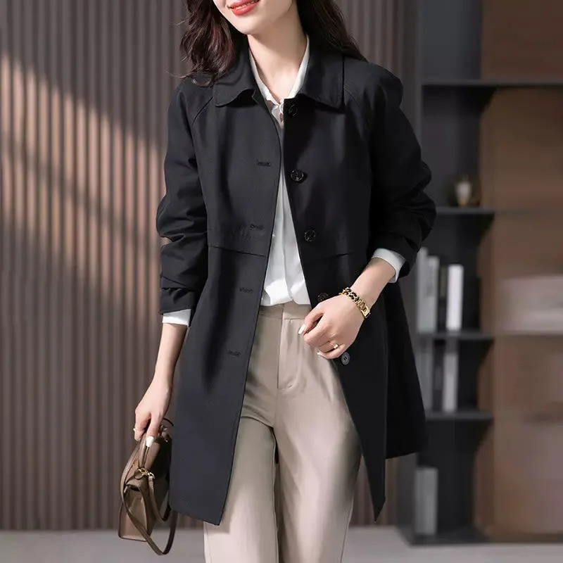 Women's beige short trench coat structured fit classic button front timeless tailored silhouette