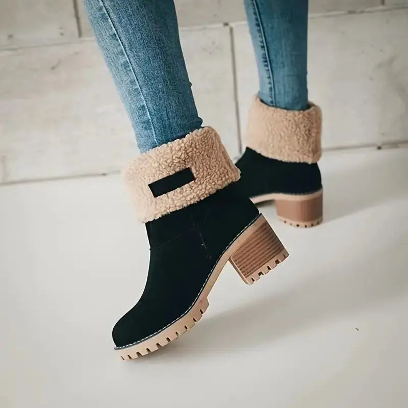 Women's suede ankle boots chic winter style thick 6-8cm heel multiple colors green black camel gray