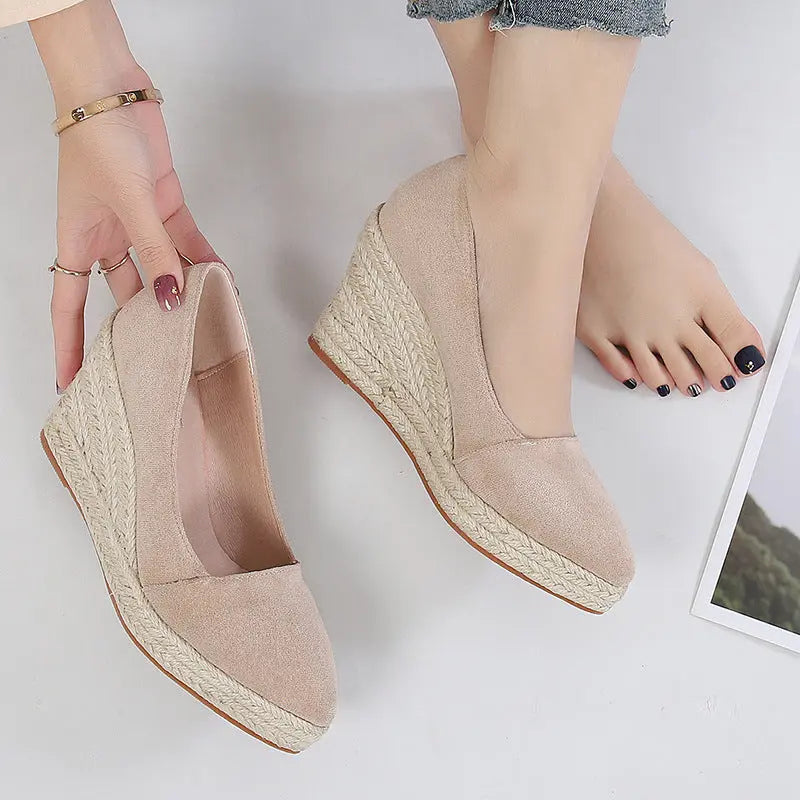 Women's suede closed-toe espadrille wedge shoes with natural jute heel for elegant versatility
