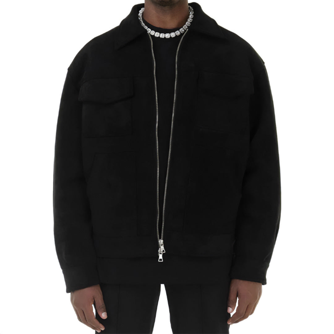 Men's brown suede jacket warm lined zipper closure turn-down lapel collar with front pockets