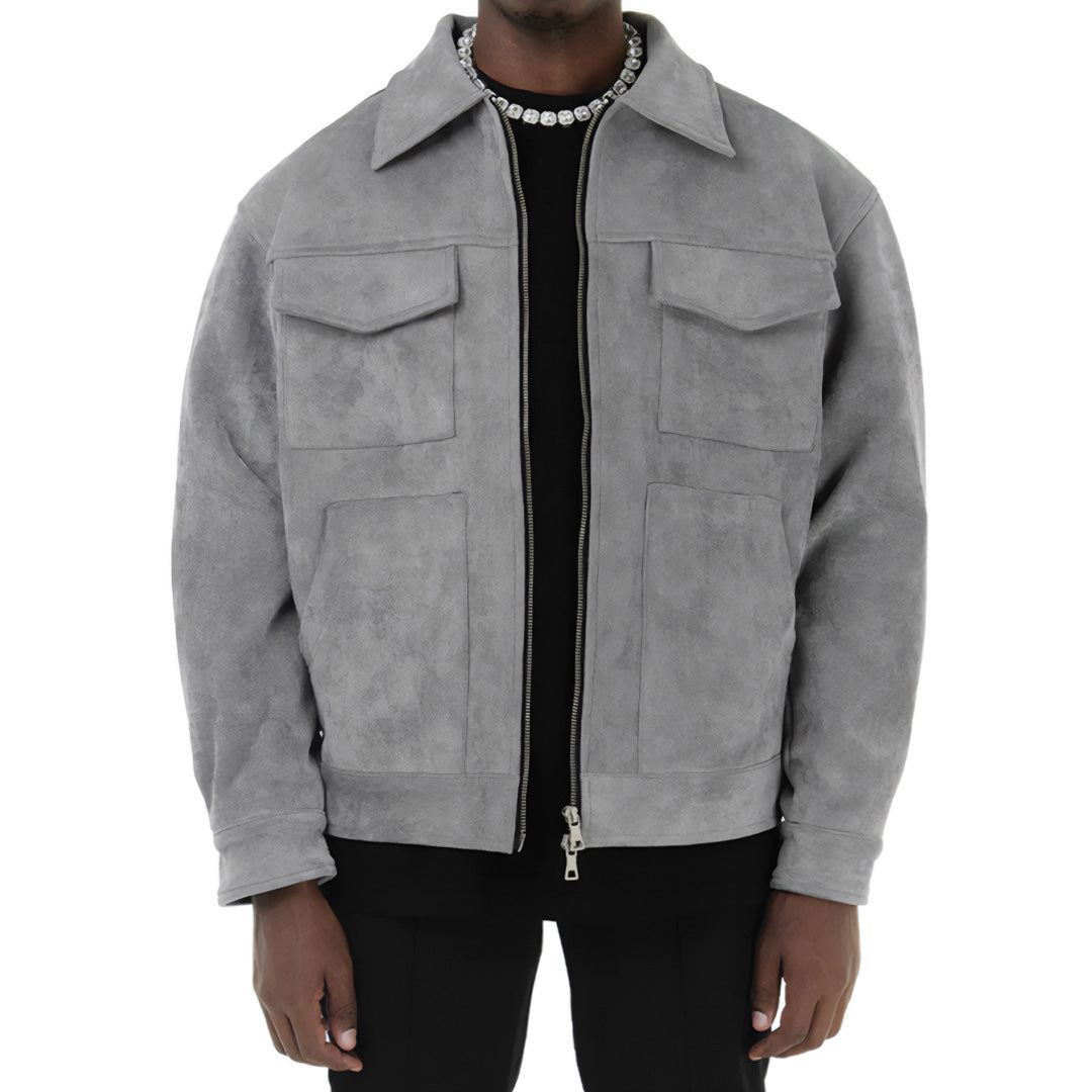 Men's brown suede jacket warm lined zipper closure turn-down lapel collar with side pockets