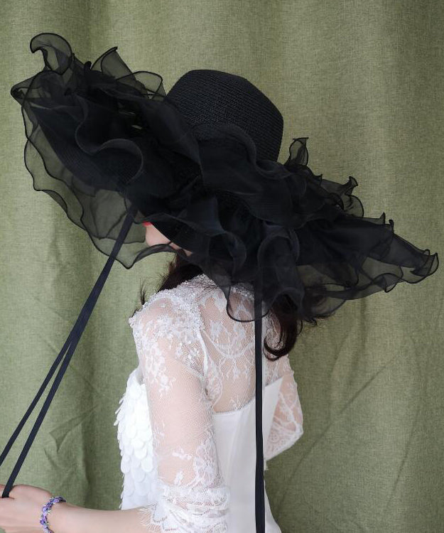 Chapeau d'été en paille tressée à larges bords noirs et volants en organza - Urbann-Vibe