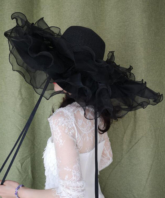 Chapeau d'été en paille tressée à larges bords noirs et volants en organza - Urbann-Vibe