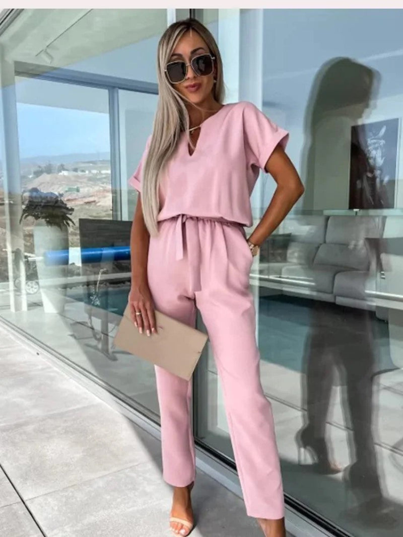 Women's lightweight viscose jumpsuit with V-neck, elastic waist, relaxed fit in warm-weather casual style