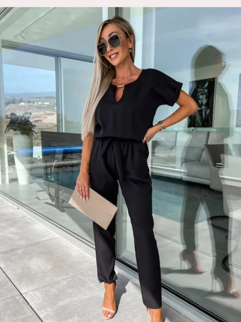 Women's lightweight viscose jumpsuit with V-neck, elastic waist, relaxed silhouette for all-day comfort
