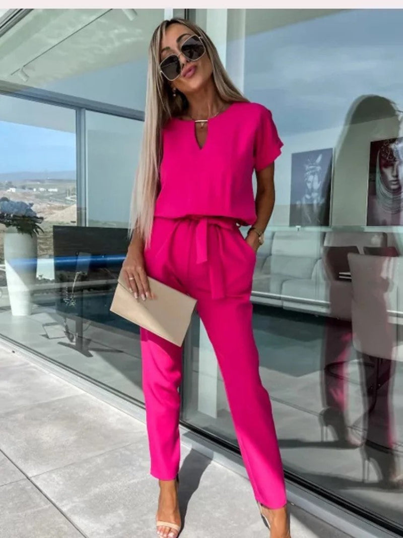 Women's lightweight viscose jumpsuit V-neck elastic waist relaxed fit breathable one-piece