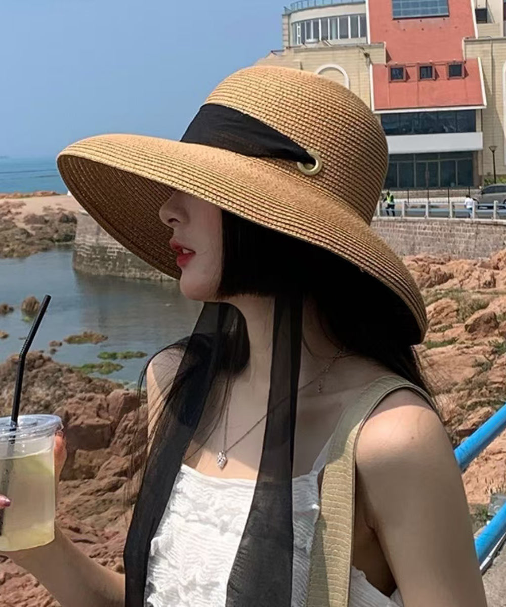 Chapeau de soleil d'été polyvalent en paille tissée kaki de style français - Urbann-Vibe