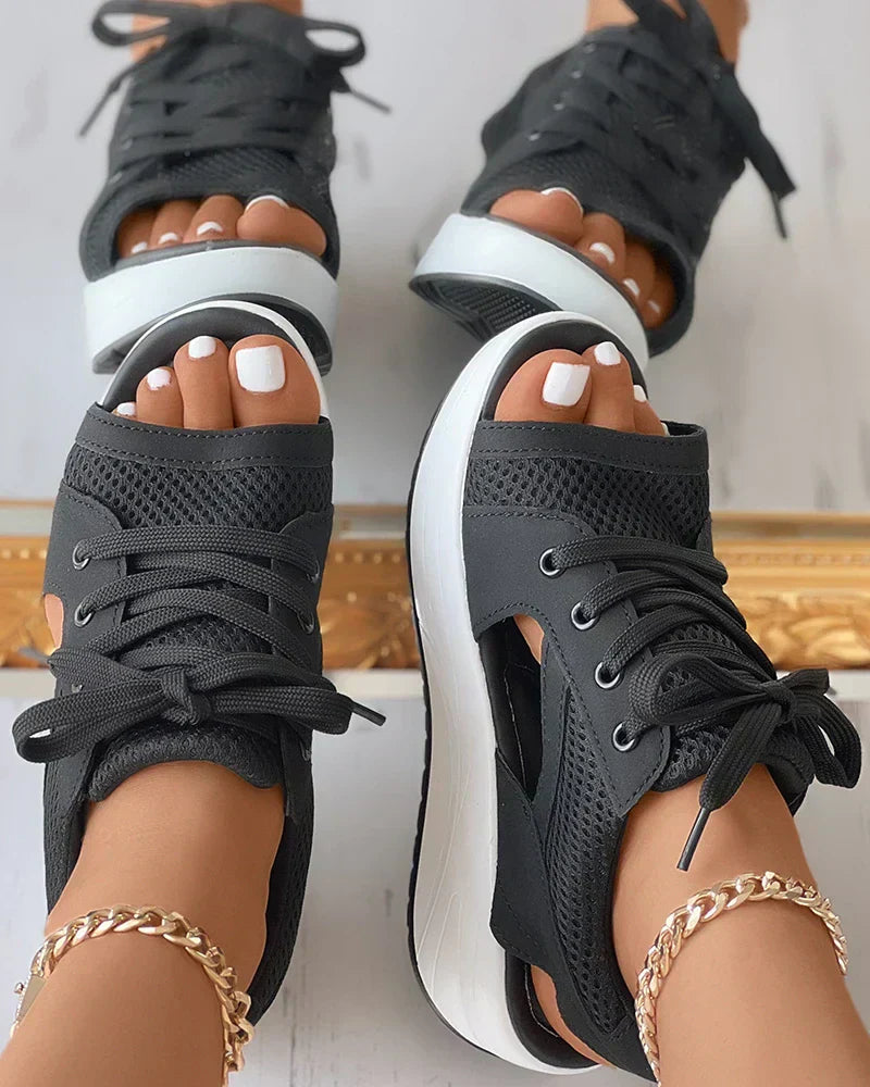 Women's mesh wedge sandals with lace-up closure breathable upper and cushioned footbed for all-day comfort