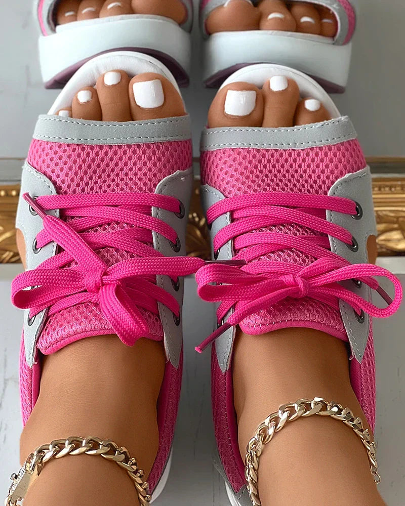 Women's mesh wedge sandals breathable lace-up closure cushioned footbed summer casual style