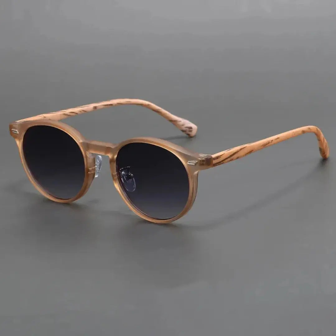 Round wood-textured frame sunglasses with scratch-resistant lenses, ergonomic lightweight design for outdoor wear