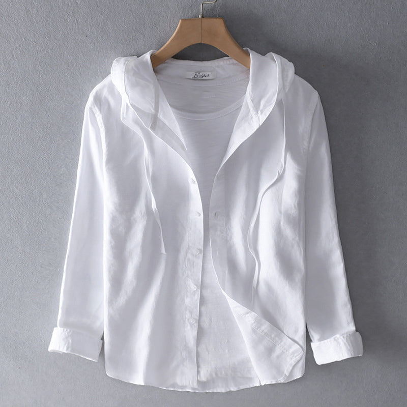 Men's light blue striped cotton linen hooded shirt relaxed fit long sleeve casual layering piece