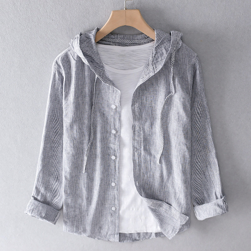 Men's light beige striped cotton linen hooded shirt relaxed fit long sleeve casual layering piece