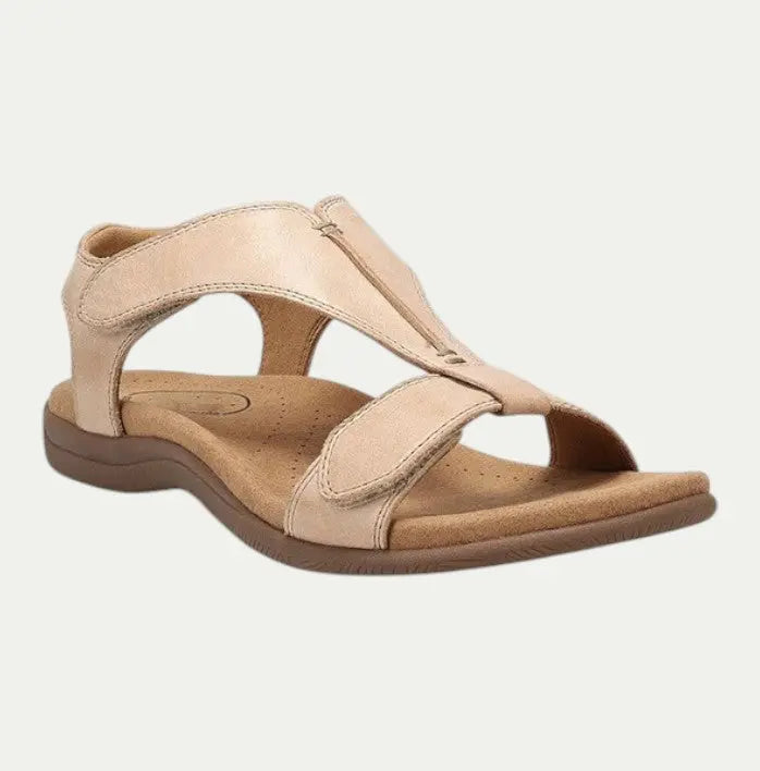Women's brown leather supportive sandals with breathable upper and all-day comfort footbed