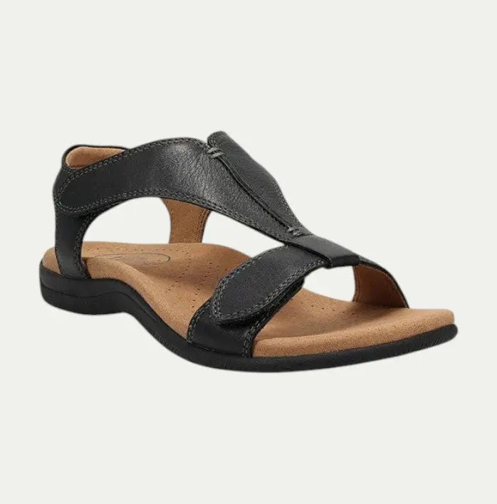 Women's brown leather supportive sandals with breathable upper and all-day comfort footbed