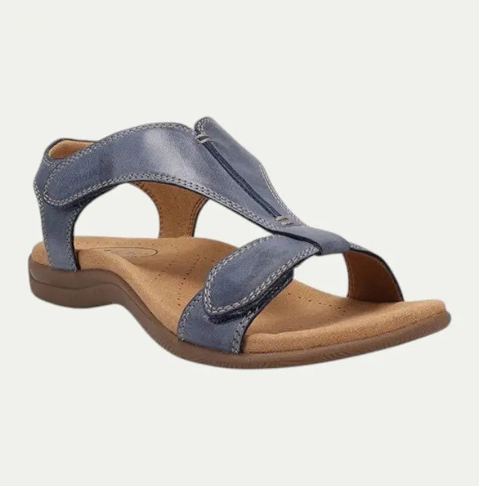 Women's brown leather supportive sandals with breathable upper and all-day comfort footbed