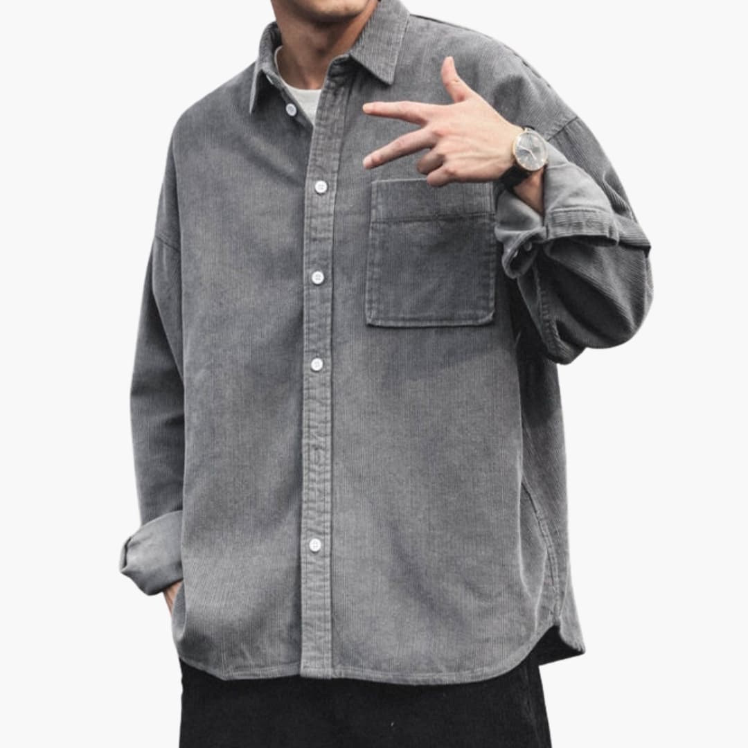 Men's ribbed overshirt classic collar front buttons chest pocket versatile everyday layering piece