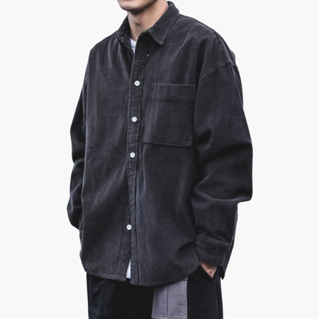 Men's ribbed overshirt classic collar front buttons chest pocket versatile everyday layer