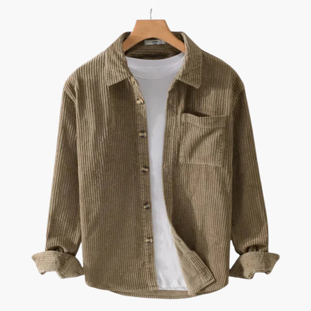 Men's brown corduroy overshirt ribbed texture notched collar button closure chest pocket layering