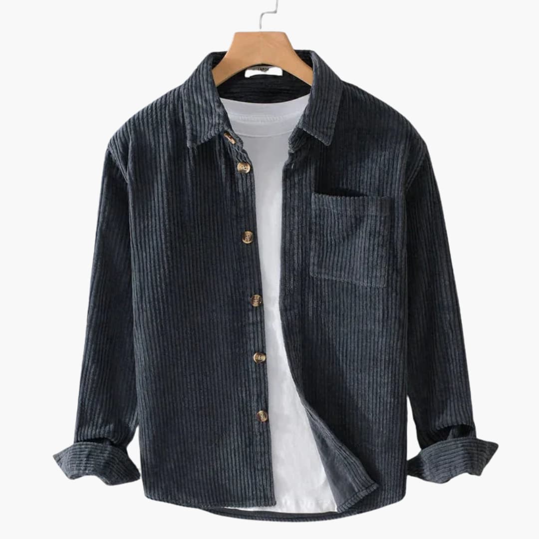 Men's brown corduroy overshirt ribbed texture notched collar button closure chest pocket layering