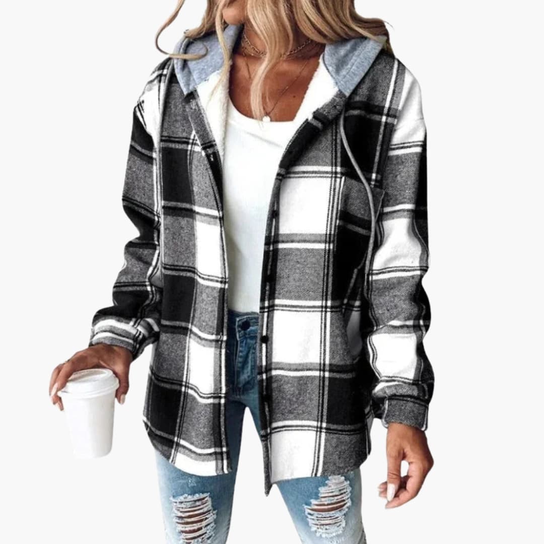 Women's checkered hooded overshirt with drawstring hood, button closure, and long buttoned cuffs
